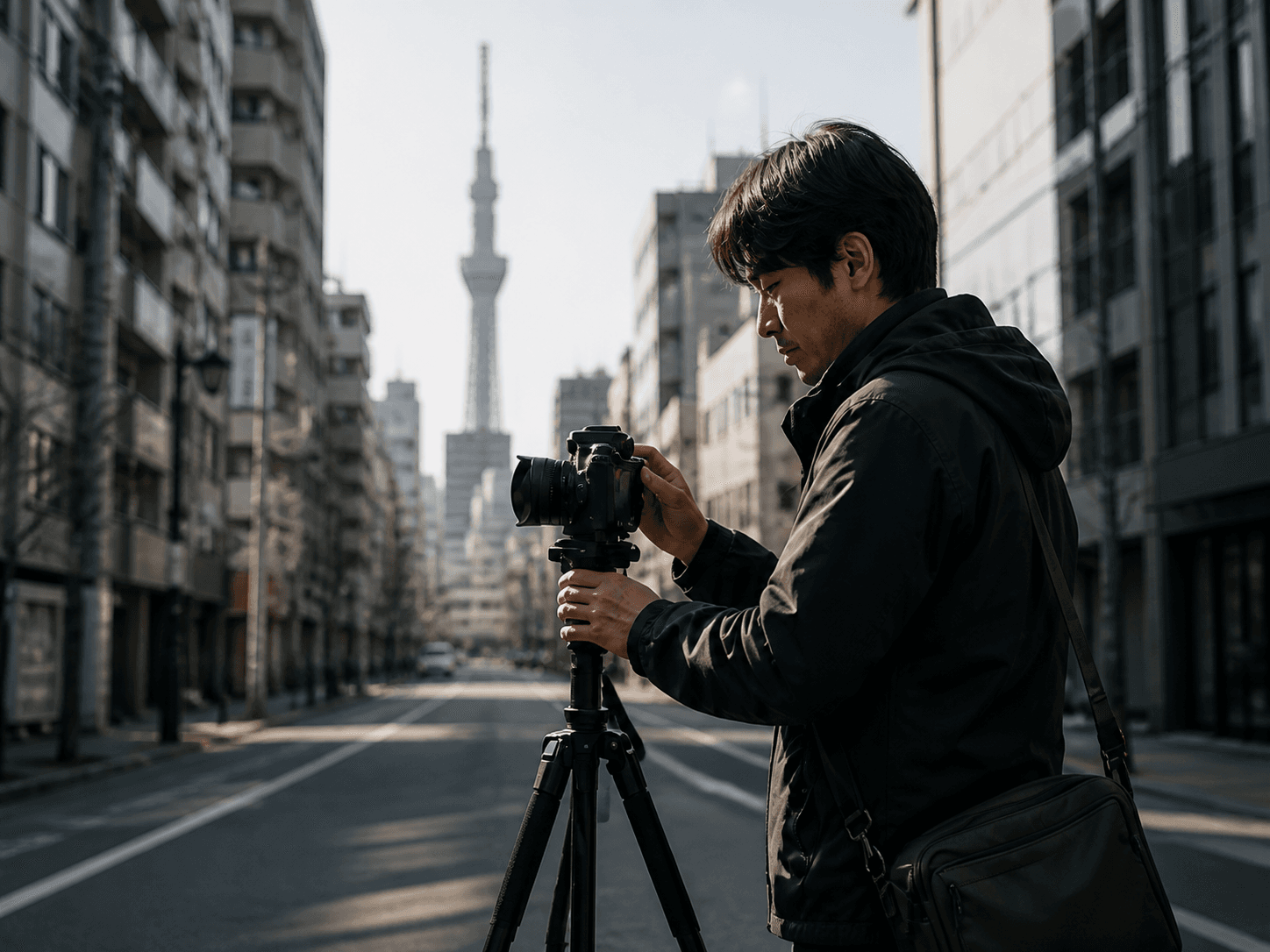 Japan-based photographer preparing a camera and tripod for a city session