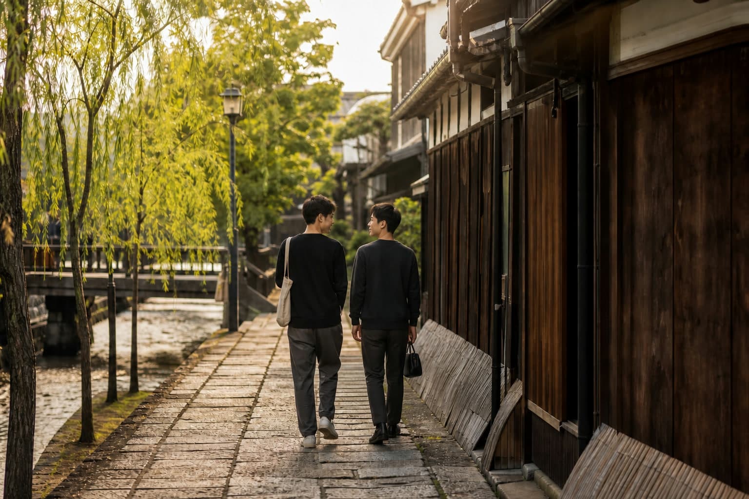 Couple walking beside a canal in Fushimi