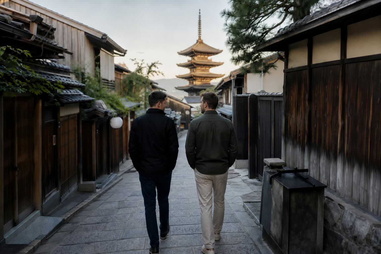 A couple walking through Kyoto in soft afternoon light