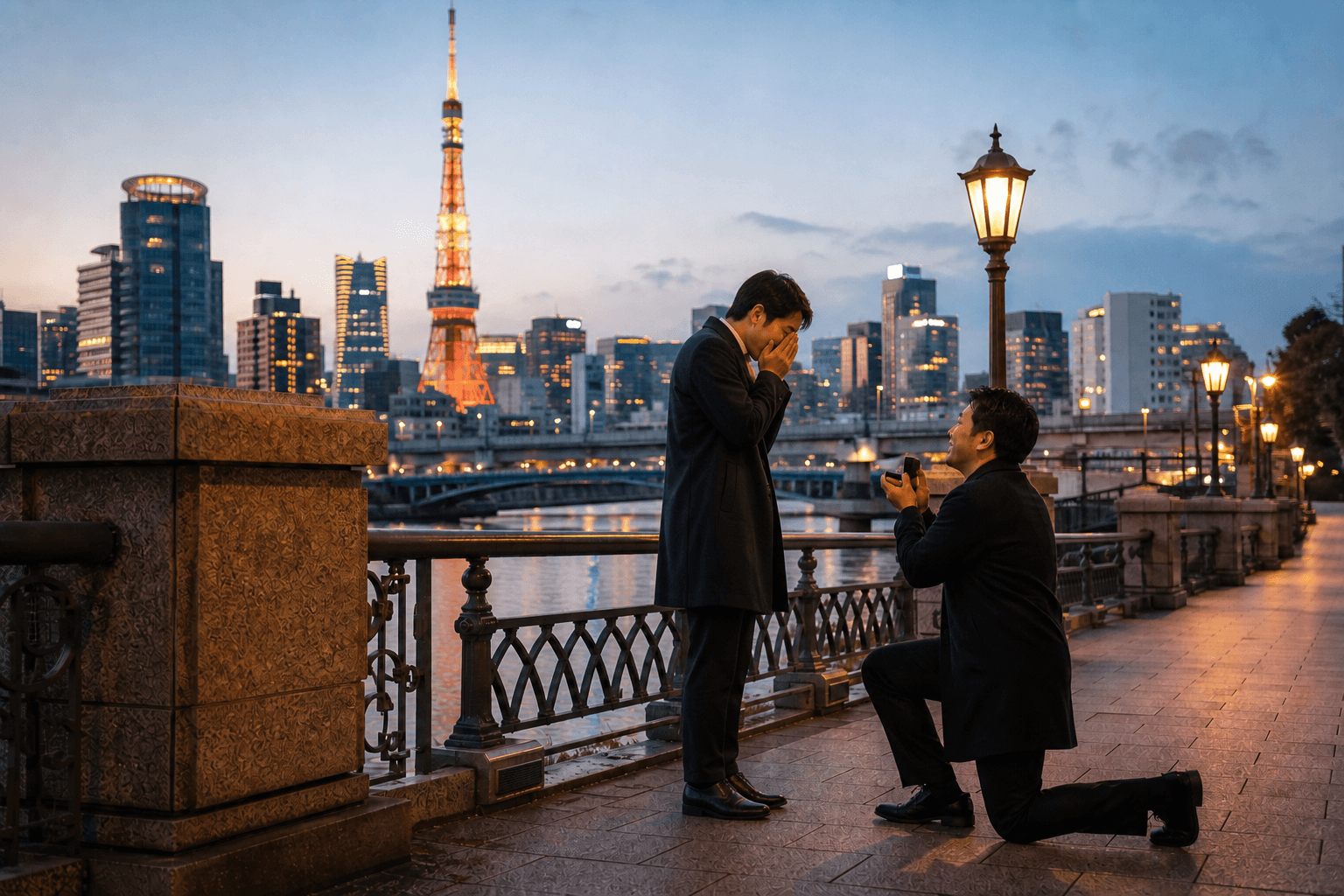A surprise proposal beside the Tokyo waterfront at dusk