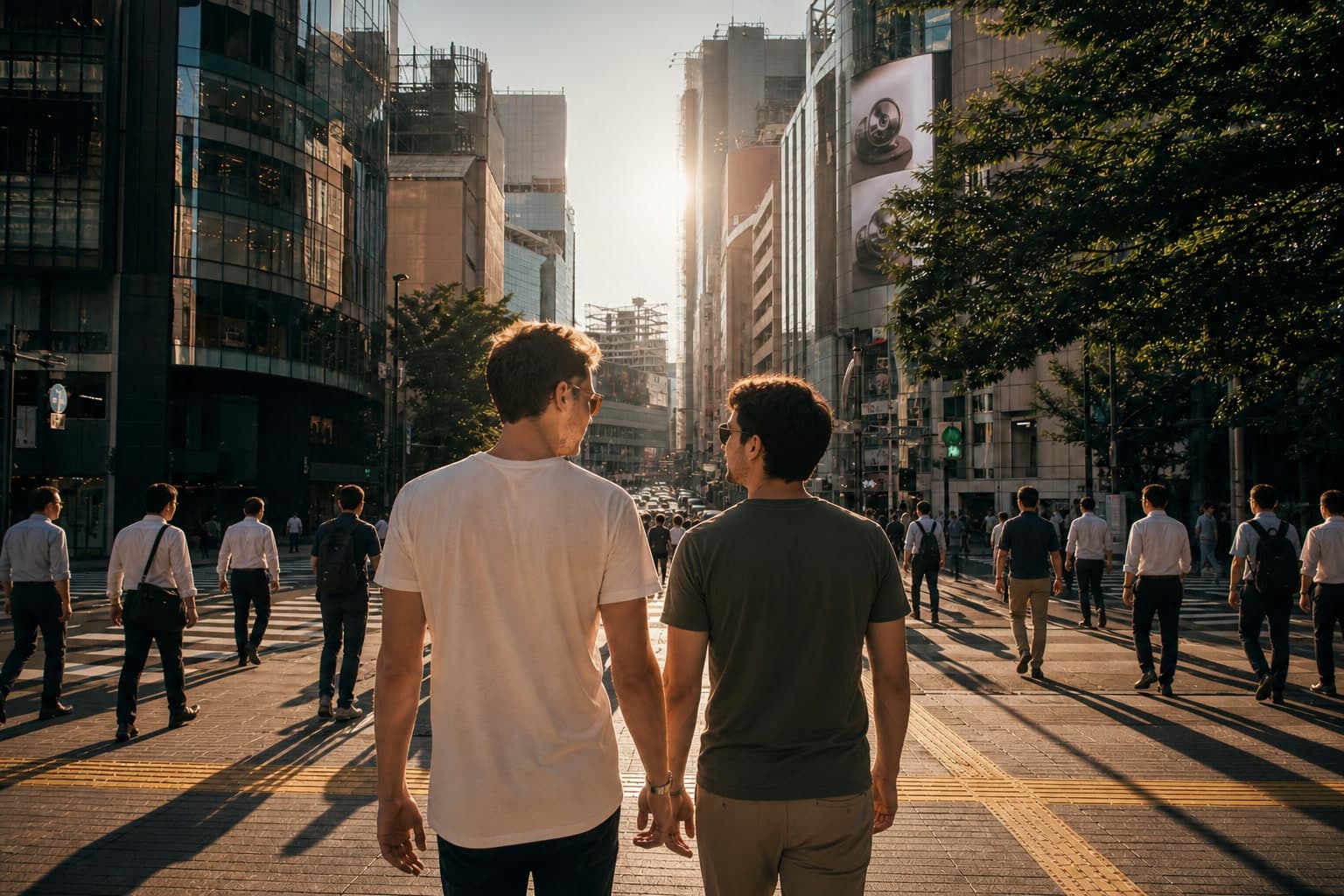 A couple walking through Tokyo in late-afternoon light